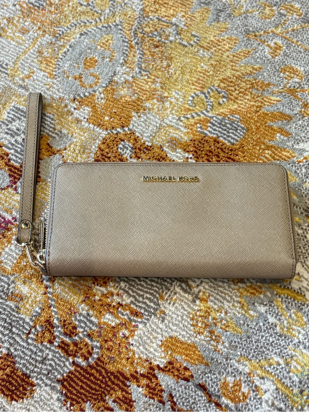 Michael Kors Taupe Saffiano Wristlet Clutch with Gold Logo
